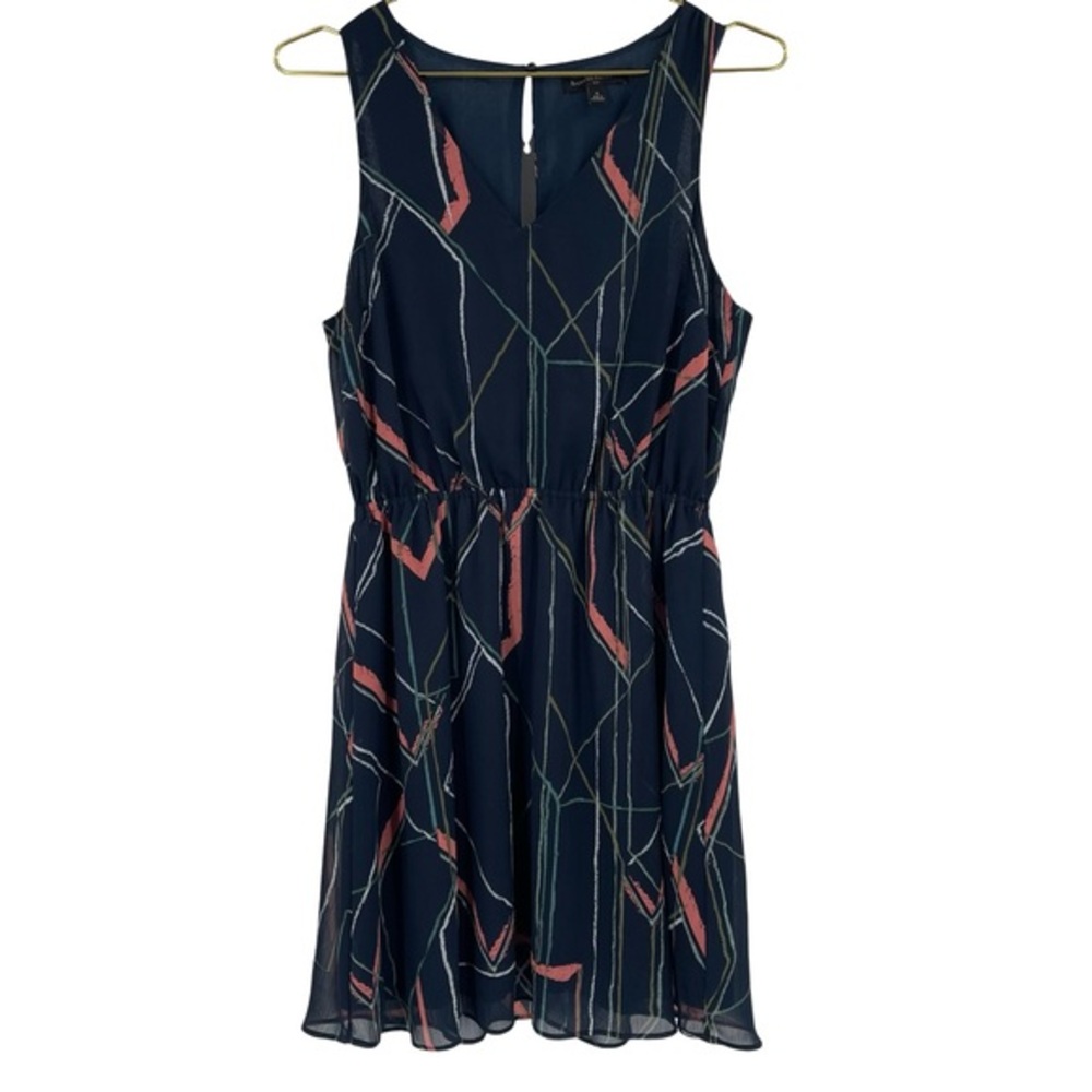 Banana Republic blue multi color geometric A-line smocked cutout back dress 2